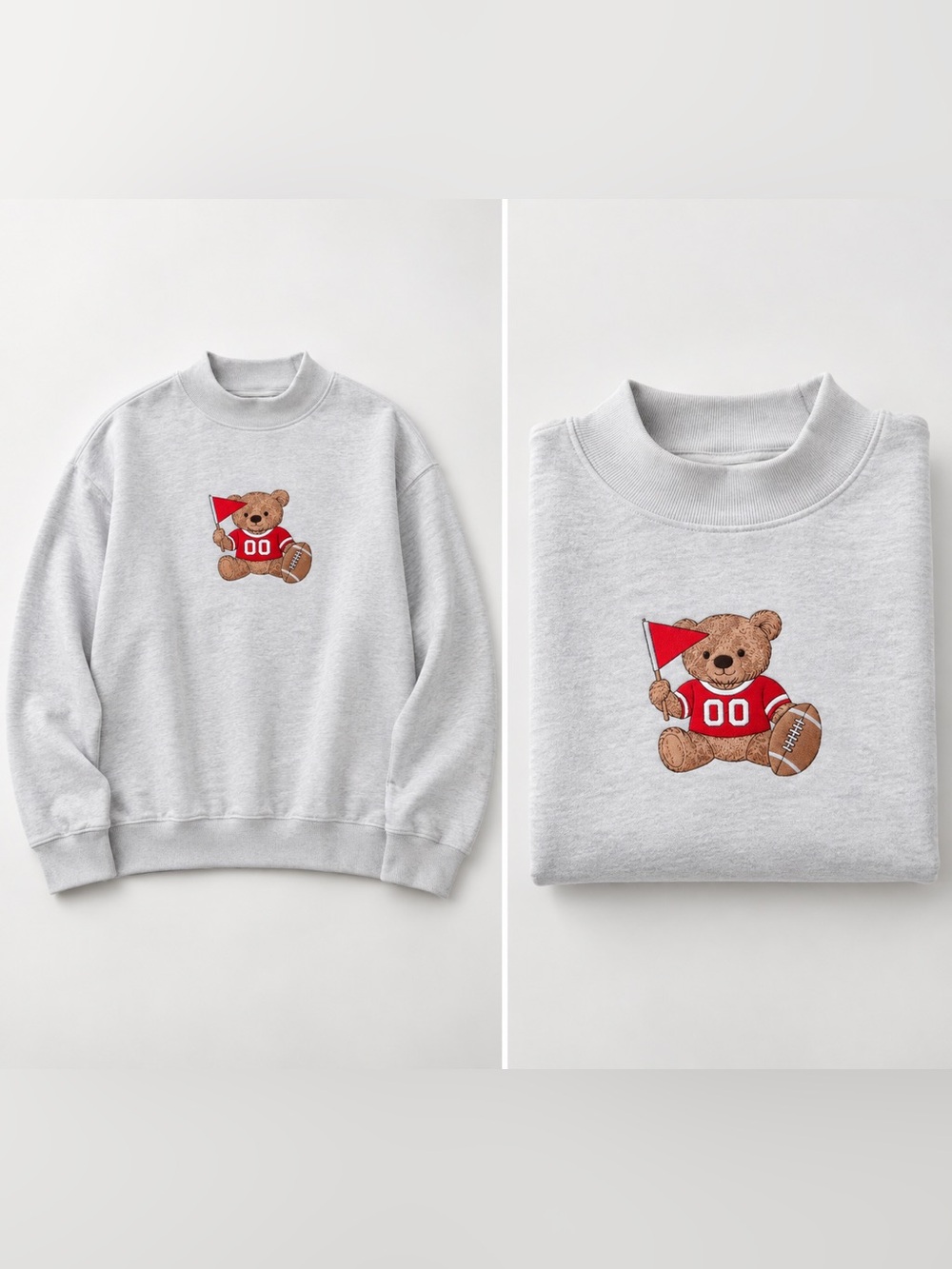 Unisex Light Gray Teddy Bear Football Sweatshirt - Red Accent